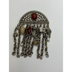 Vintage Silver-Tone Multi-Chain Statement Brooch With Red Beige & White Stone Ac